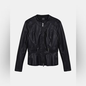 Armani Exchange Black Faux Leather Peplum Zip Up Fitted Jacket Size XS
